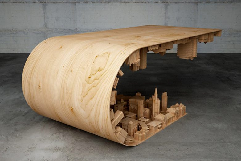 Согнутый стол с городским 3D-ландшафтом