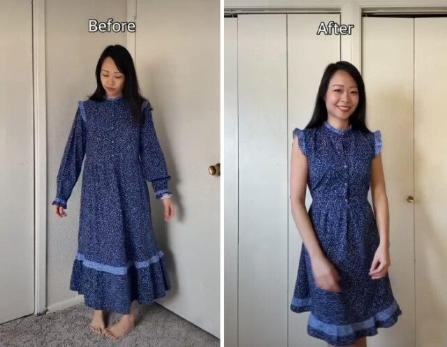 Мать-рукодельница перешивает старую одежду в новые наряды