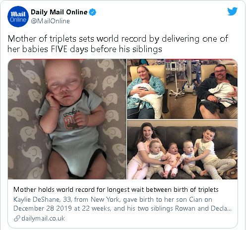 Мама тройняшек установила мировой рекорд, родив одного из малышей на 5 дней раньше его брата и сестры