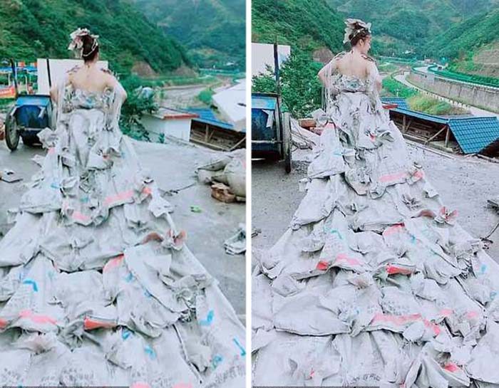 Экстремальная экономия или хайп? Китаянка сшила свадебное платье из мешков